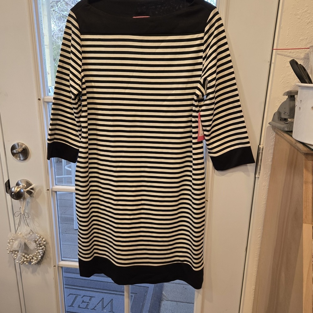 Isaac Mizrahi Dress XL Black Beige Stripes Knit Pencil Sheath Boat Neck NWT